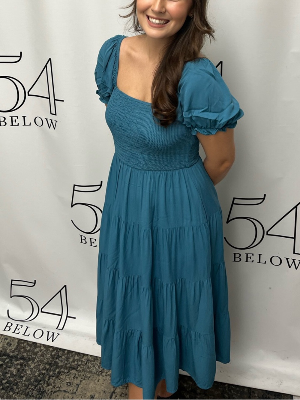 Smocked Puff-Sleeve Midi Dress in Teal